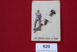 German enamel stickpin, miniature sword with crest shield, on original card mount “Der Königliche