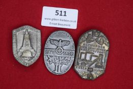 Three German day badges comprising: Württembergisches Kriegertreffen Leutkirch, 1937; Schleswig-