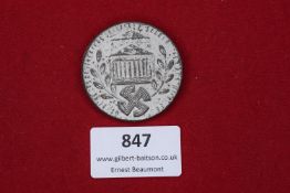 German Day Badge, circular tin badge depicting the Walhalla memorial with swastika below, dated