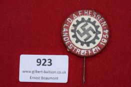 DAF Hessen Landestreffen 1934, circular tin and enamel day badge in red, white and black,