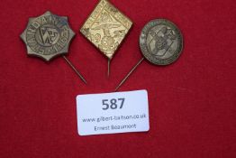 A group of three German stick pins, including a “Wandart 45-1160” badge, a 1935 Tag der Seefahrt pin