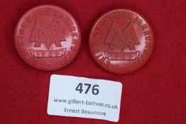 Two circular red plastic badges for the Leipzig Trade Fairs of 1939: one for the Frühjahrsmesse (