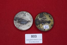 Two German Day Badges, both for Kreistag Gera, 4–5 Mai 1935, showing worker with hammer before