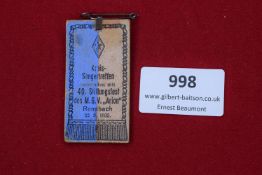 Kreissängertreffen Ransbach 1935 Badge, rectangular paper event badge with blue and black printed