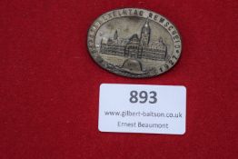 Stahlhelm Day Badge, Remscheid 1927 – Oval metal badge depicting a city view with Stahlhelm