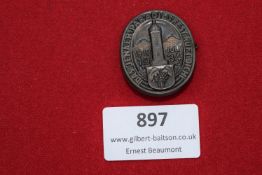 1934 Jena Badge, a pressed metal day badge depicting the Jena tower with dates 1818–1934 and text