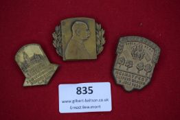 Three German tinnies including Hamburg veterans reunion 1936, Franz Josef I profile badge, and