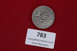 Third Reich aluminium day badge, Düsseldorf Reich Exhibition 1937, handshake over swastika design,