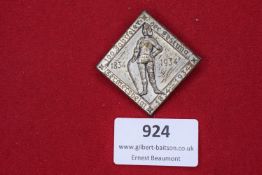 100th Anniversary 1834–1934 Commemorative Badge, silvered square badge with medieval figure at
