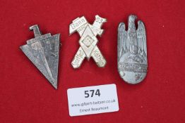 Three Hitler Youth Day/Event Badges, comprising: triangular badge HJ Bann 123 Treffen Hohenstaufen