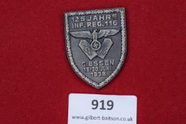 German regimental day badge, 125 Jahre Infanterie Regiment 116, Giessen 18–20 Juni 1938, shield-