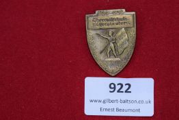 100th Anniversary Oberrealschule Kaiserslautern 1834–1934, brass shield-shaped commemorative badge