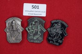 Three tinnies for Schlageter-Tag, 24 Mai 1936, each showing sword and oak leaf over swastika. One in