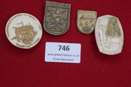 Five German event badges including Kreistag Oschersleben 1939 bronze shield badge, Kreistag Iserlohn