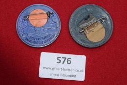 Two Hitler Youth Day/Event Badges, both circular, pressed alloy types, one painted blue, depicting