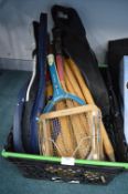 Vintage Sports Equipment Including Cricket Bats, Tennis Rackets, etc.