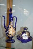 Blue Pottery Lidded Dish plus Glass Jug