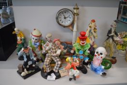 10x Clown Figures Including a Clock, Murano Glass Clown, etc.