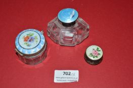Antique Glass Scent Bottle with Silver Mounts, and a Silver Pillbox plus Non Silver Pot