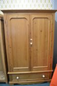 Solid Pine Double Wardrobe with Single Drawer