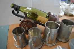 Cannon Wine Holder and 4x Pewter Tankards