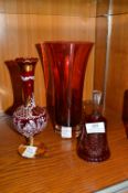 2x Cranberry Glass Vases, and a Bell