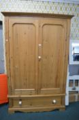 Solid Pine Double Wardrobe with Single Drawer