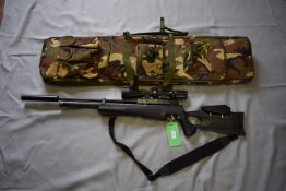 Hatsan AT44-10 .22 PCP Air Rifle (S/N 31420305), with telescopic sight, webbing sling, and padded ca