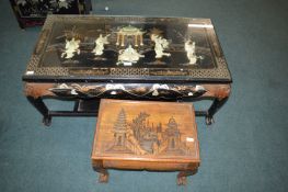 Chinese Black Lacquered Coffee Table with Glass Top Featuring Mother of Pearl Musicians, plus a