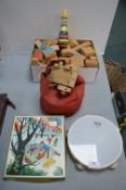Wooden Building Blocks, Jigsaw Puzzle, and a Tambourine