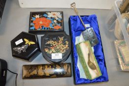 Commemorative Miniature Shovel, Lacquered Boxers, etc.
