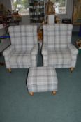 Pair of Grey Tartan Wingback Armchairs with Matching Storage Pouffe