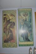Pair of Reproduction Alphonse Mucha Art Nouveau Prints Mounted on Board