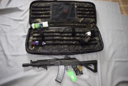 G&G AK-47 Airsoft Rifle (S/N G180302623) with camouflage padded case, red-dot sight fitted, battery