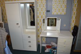 White Single Wardrobe with Mirror, Dressing Table, and Triple Mirror