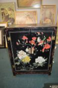 Chinese Black Lacquered Cabinet with Birds and Peonies