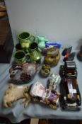 Pottery Ornaments, Mugs, and a Wooden Car