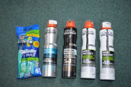 4x Assorted L’Oreal Men Expert Antiperspirants, plus 1x Gilette Blue II Razors 4pk