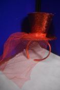 Red Glitter Fascinator Top Hat with Veil, and Adjustable Headband