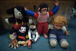 Vintage Soft Toys Including Monkeys, Mickey Mouse, and a Doll