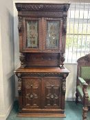 1840's Belgian Carved Oak Hutch Sideboard with Stained Glass Cabinet Doors