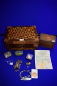 Inlaid Parquetry Workbox Containing Tea Caddy and Vintage Collectibles