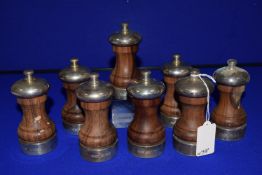 8x Hallmarked Silver Pepper Mills with Wooden Bodies - London 1978