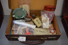 Small Vintage Suitcase Containing Fountain Pens, Tins, Sporting Cigarette Cards, etc.