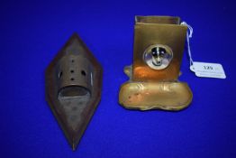 Art Nouveau Brass Large Matchbox Holder with Doomed Dog Motif, plus Wall Mounted Taper Holder