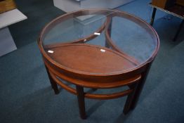 1970’s Teak Circular Glass Topped Coffee Table with One Sectional Nesting Table