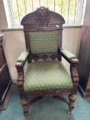 Renaissance Style Carved Wood Armchair with Green Upholstered Seat & Back