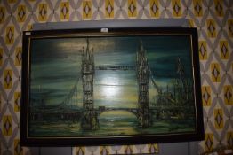 1970’s Oil on Board Bridge Painting Signed Grant (requires minor restoration)