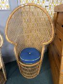 Vintage Wicker Peacock Chair with Blue Cushion