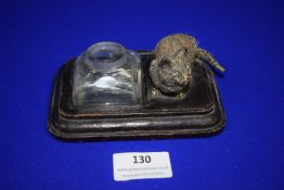 Leather Ink Stand with Cat Shaped Pen Brush (lid missing from ink bottle)